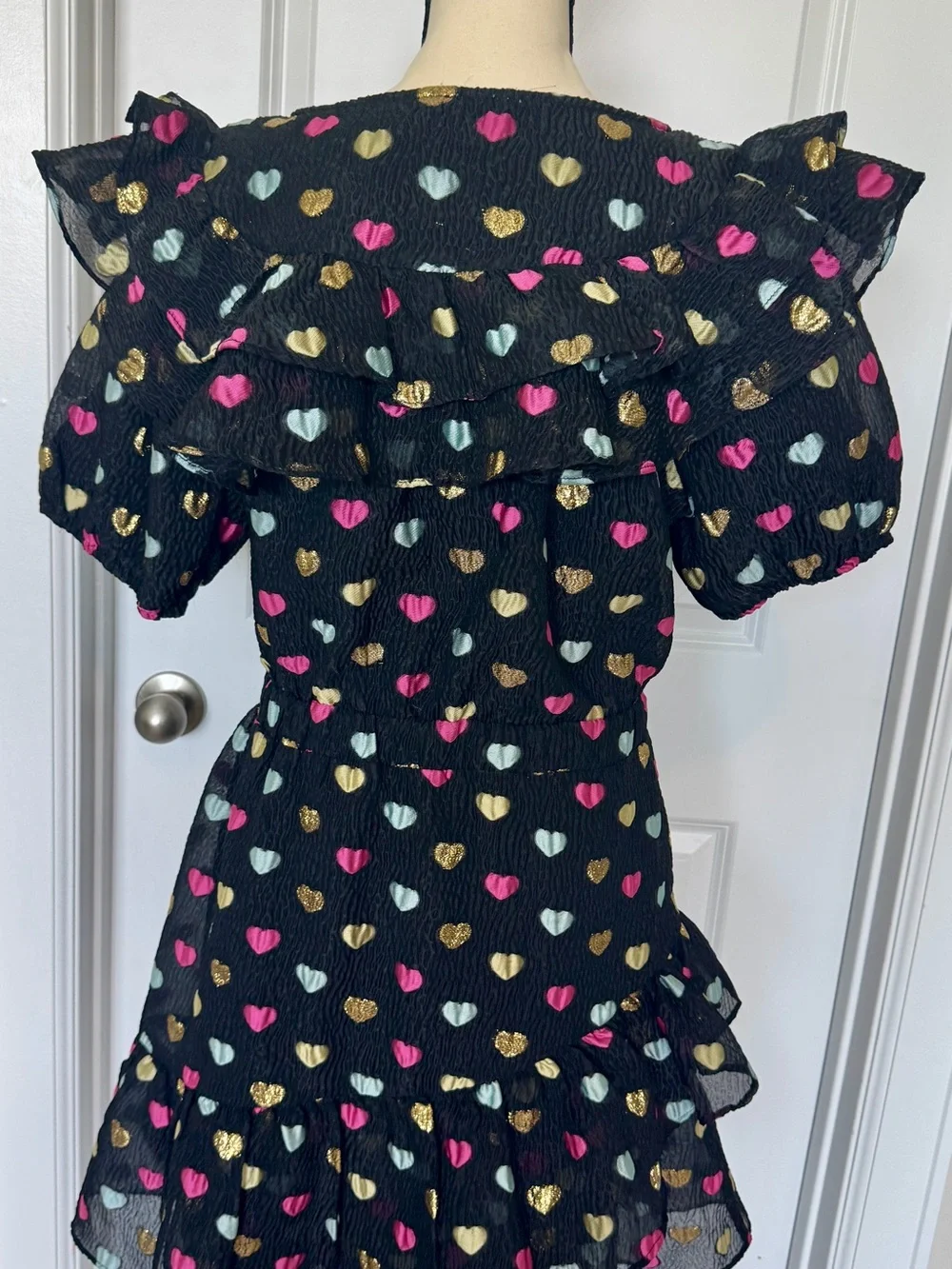Women’s Buddy Love Black Heart Print Ruffle Dress with Gold Accent - Picture 6 of 9